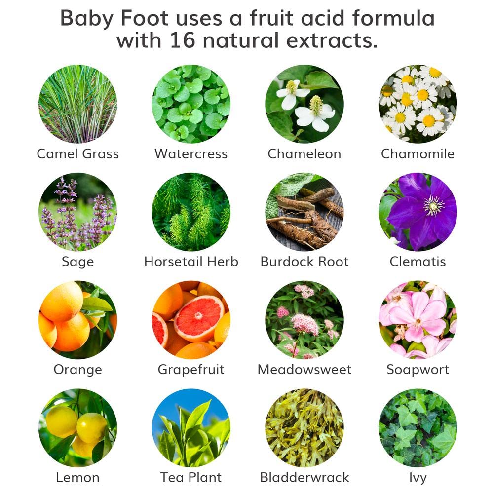 Back of Baby Foot Men's box showing fruit acid ingredients and instructions.