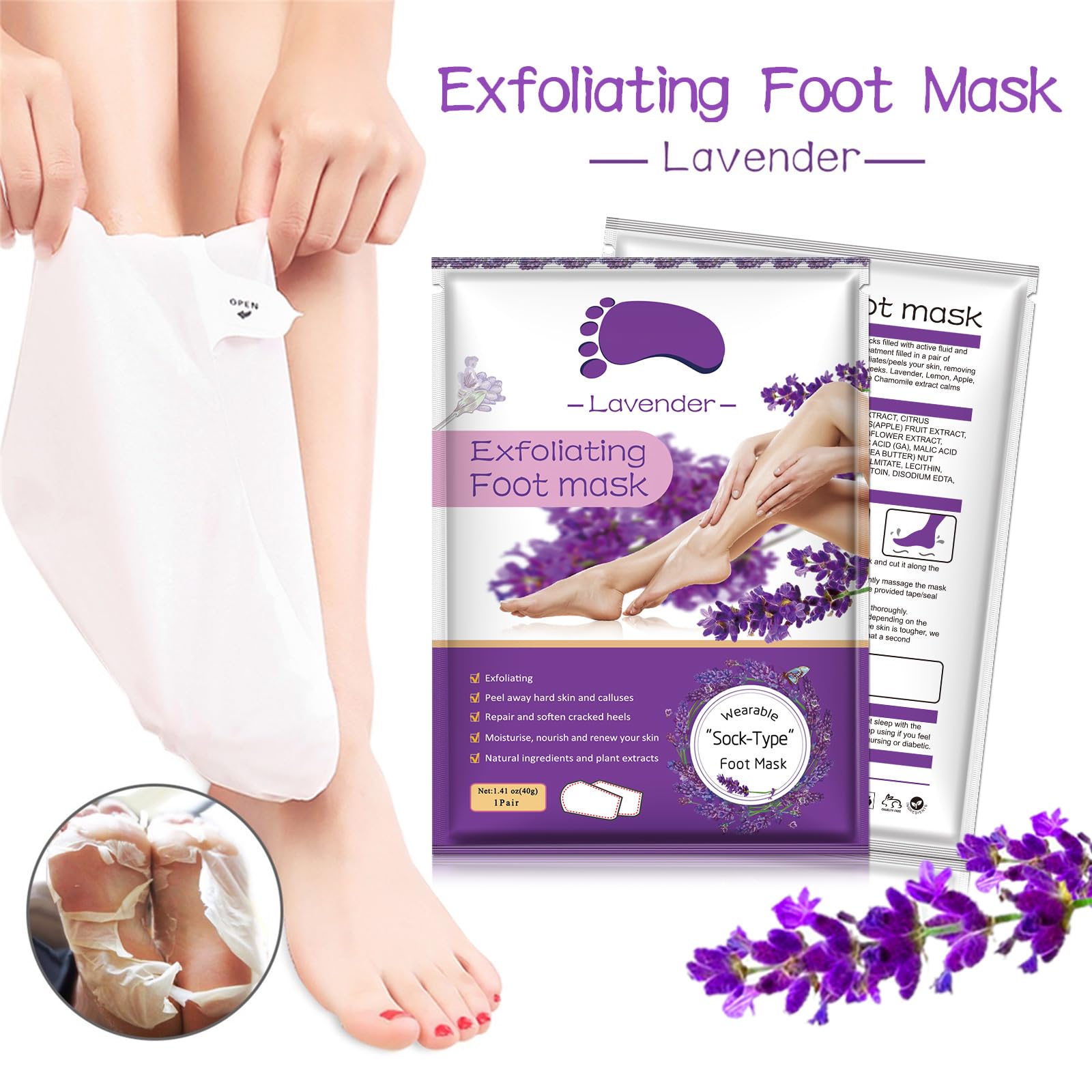 Authentic lavender exfoliating foot peel booties laid out flat on clean surface
