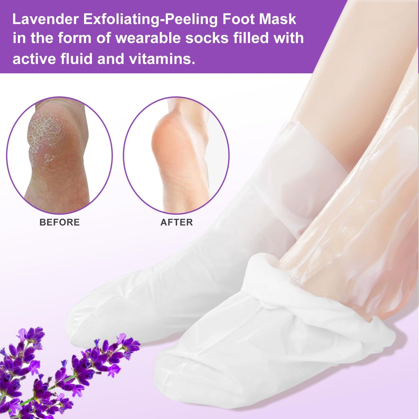 Exfoliating foot mask packaging displaying usage instructions for dead skin removal