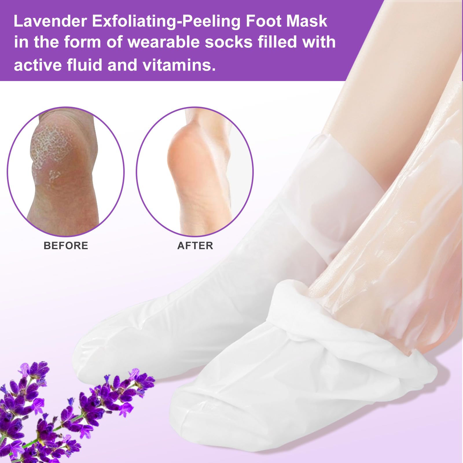 Exfoliating foot mask packaging displaying usage instructions for dead skin removal
