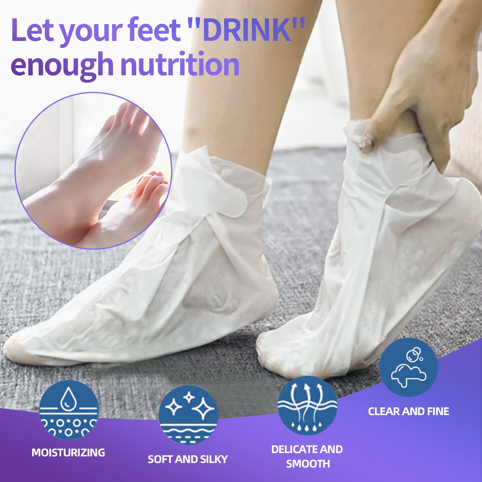 Wearable moisturizing socks being applied to dry cracked feet for home spa treatment.