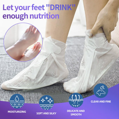Wearable moisturizing socks being applied to dry cracked feet for home spa treatment.