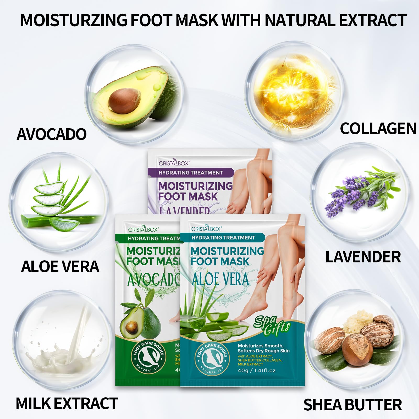 CRISTALBOX foot hydration mask close up view of plant based ingredients like aloe vera.