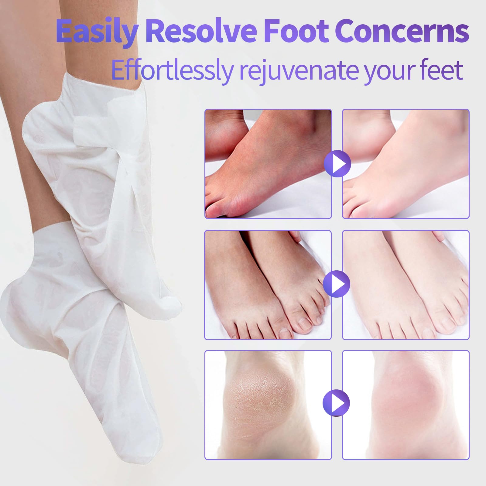 Five pack of hydrating foot masks showing lavender avocado and aloe vera variations.