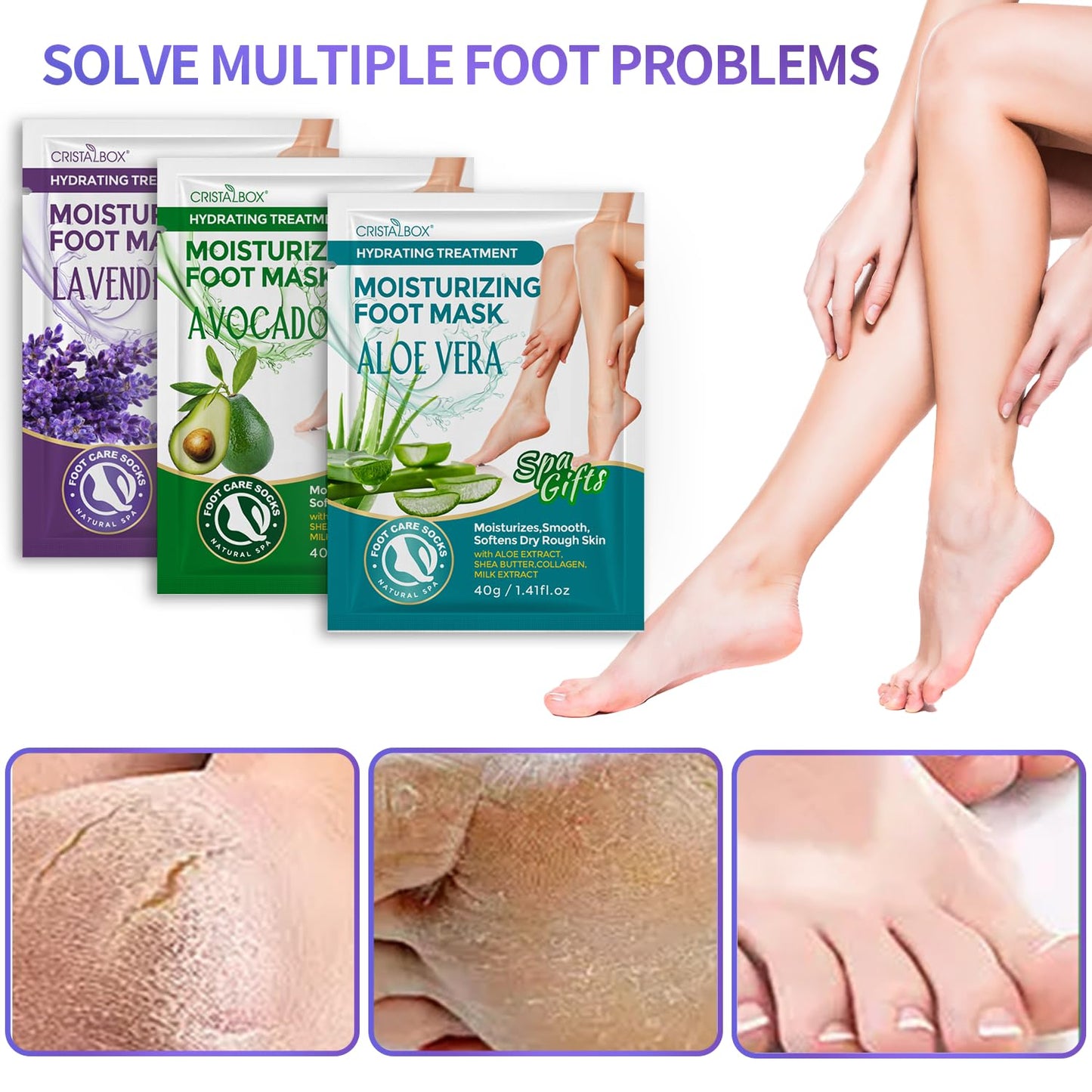 Before and after visualization of rough feet turning soft and smooth with moisturizing socks.