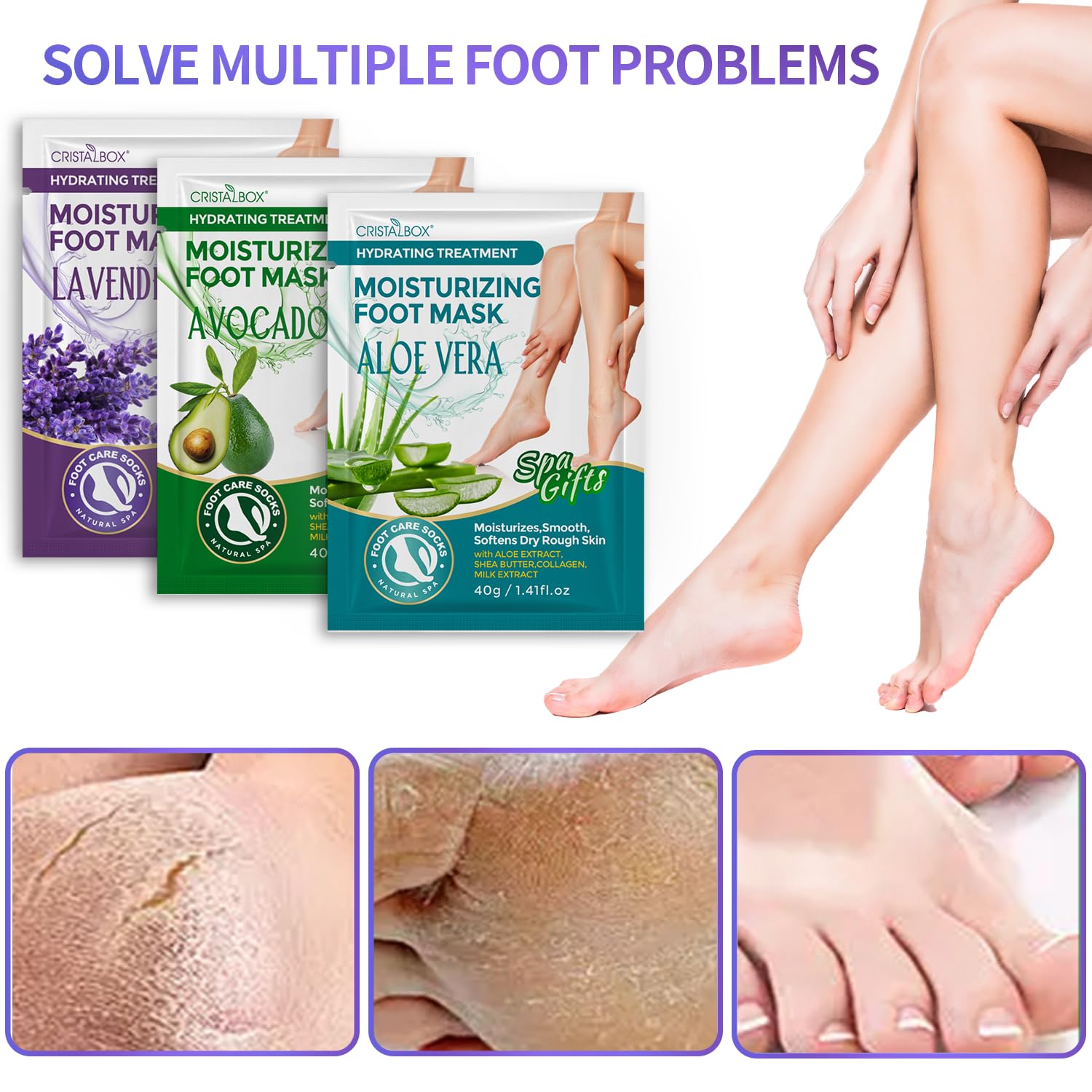 Before and after visualization of rough feet turning soft and smooth with moisturizing socks.
