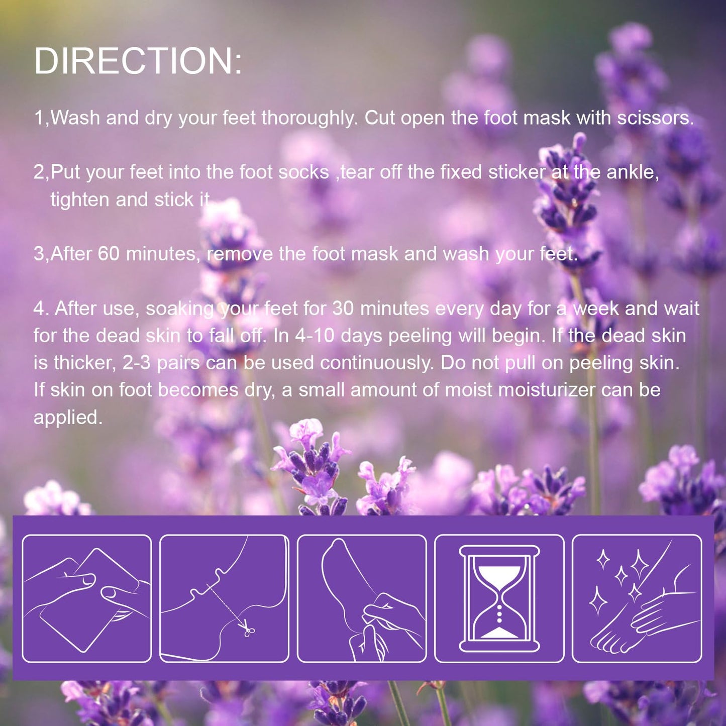 ROUSE lavender and shea butter foot peel socks packaging detail view