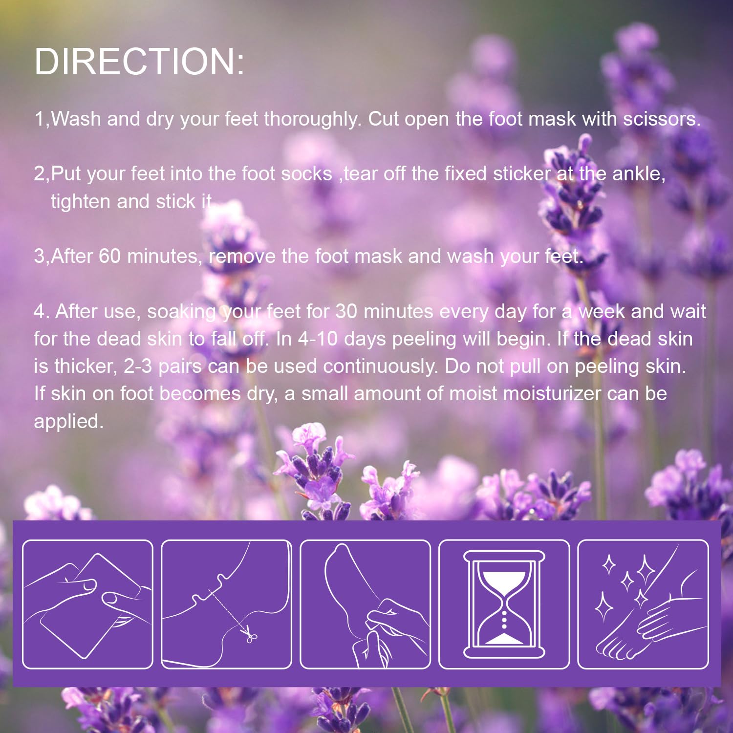 ROUSE lavender and shea butter foot peel socks packaging detail view