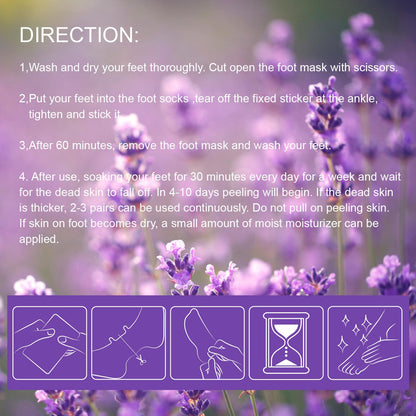 ROUSE lavender and shea butter foot peel socks packaging detail view