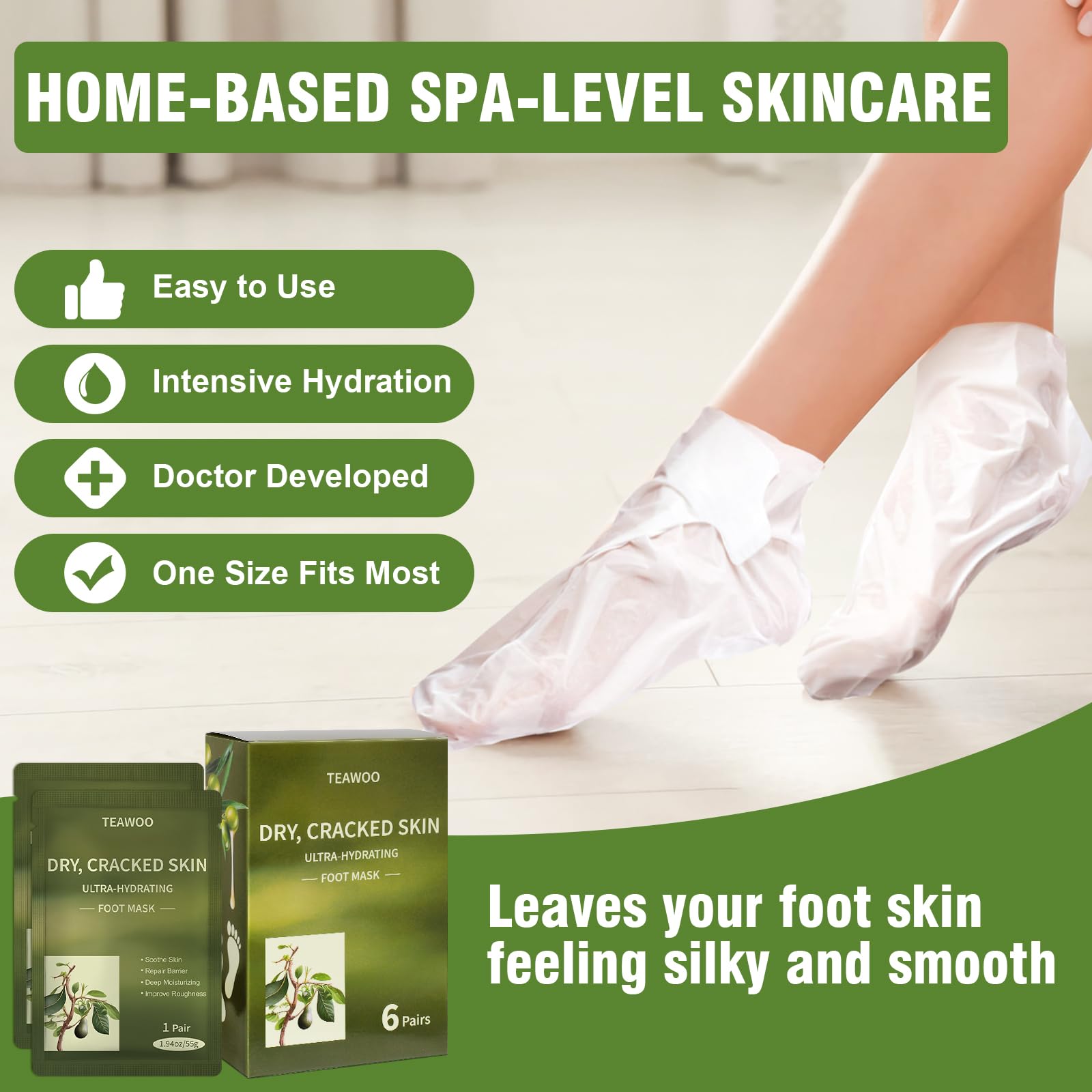 Sock style moisturizing booties applied on feet for deep conditioning treatment