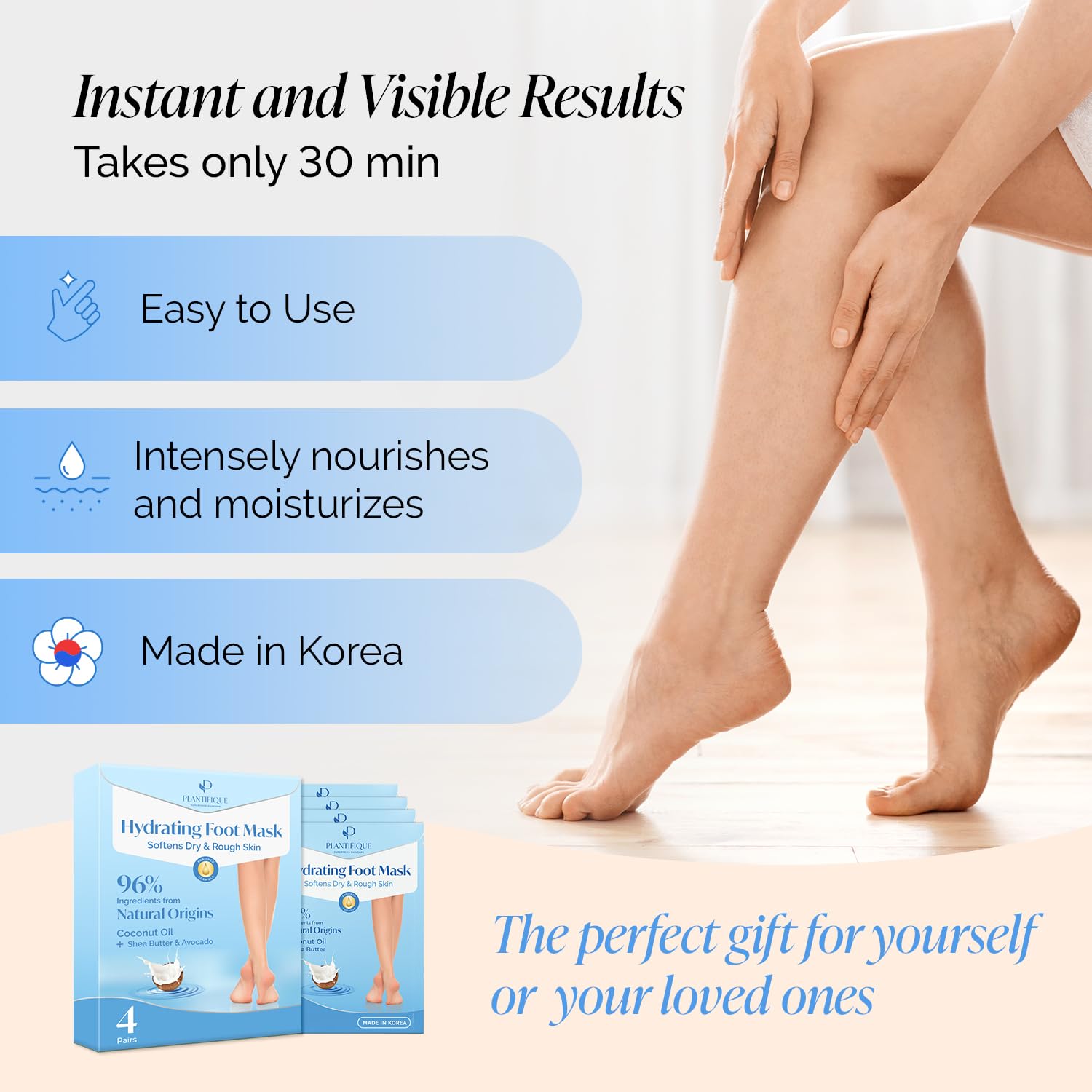 Packaging showing 4 pairs of Plantifique moisturizing foot mask socks