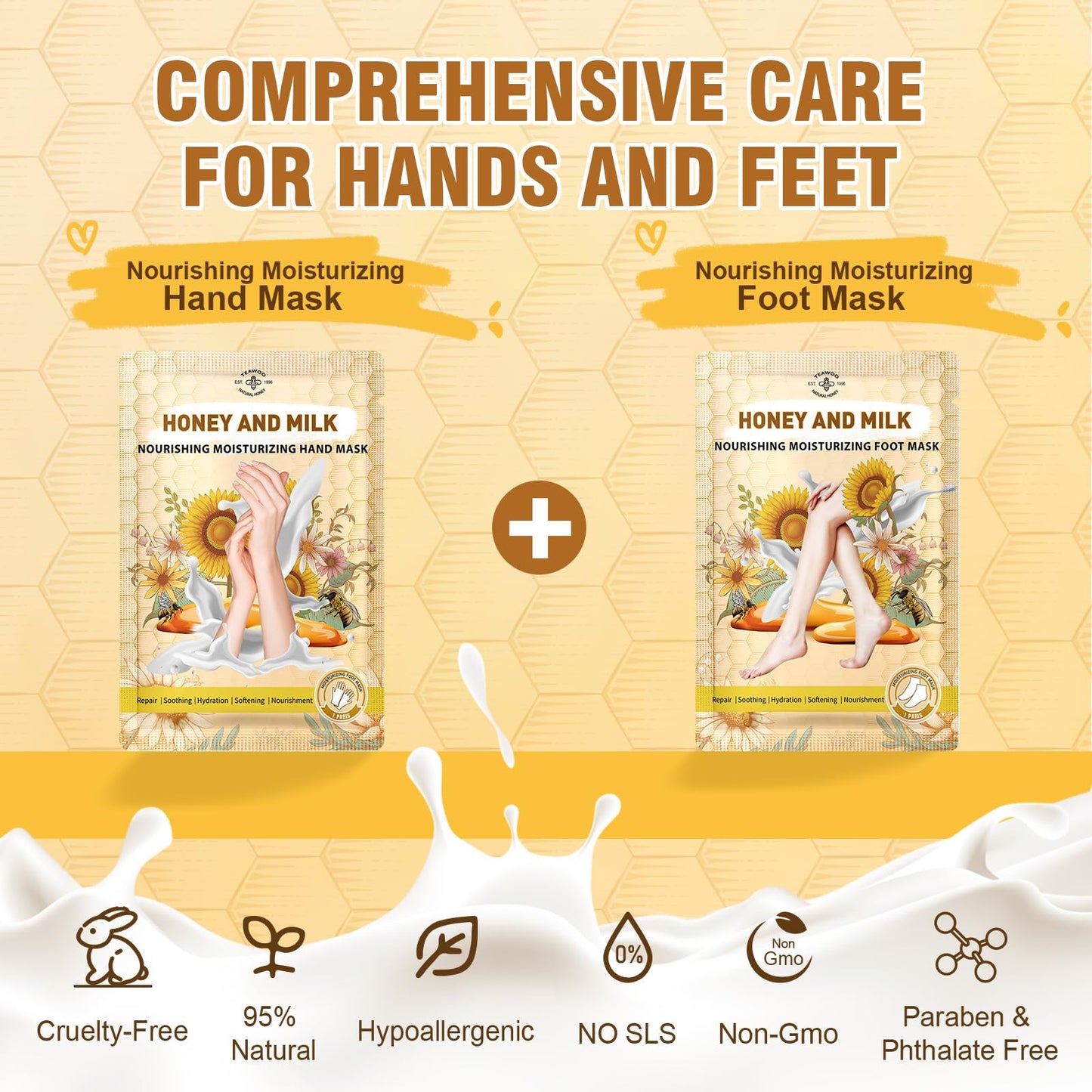 TEAWOO hydrating spa gloves and socks being worn for intense dry skin cracked heel treatment.