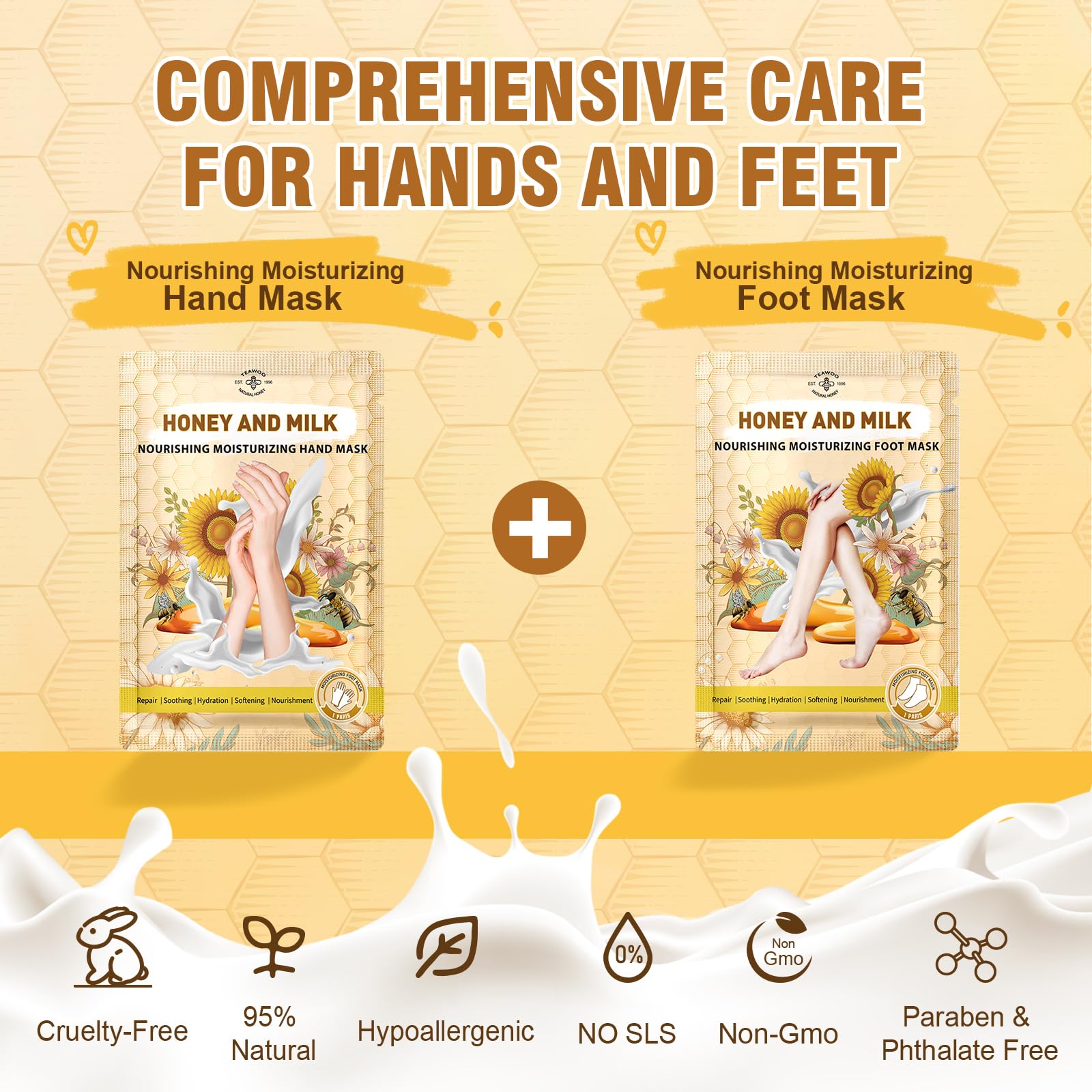 TEAWOO hydrating spa gloves and socks being worn for intense dry skin cracked heel treatment.