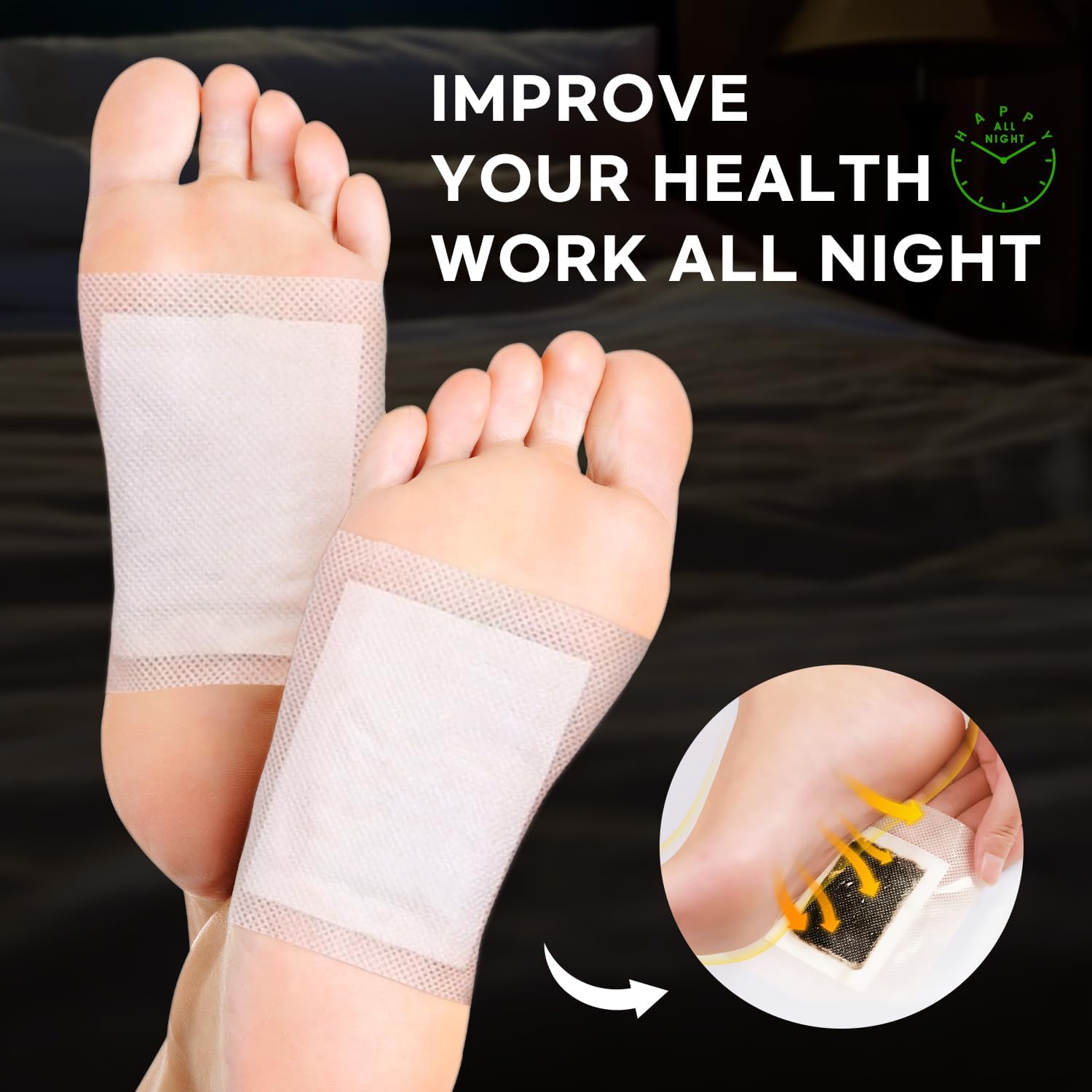 Step by step application guide for applying bamboo vinegar patches to the sole of the foot