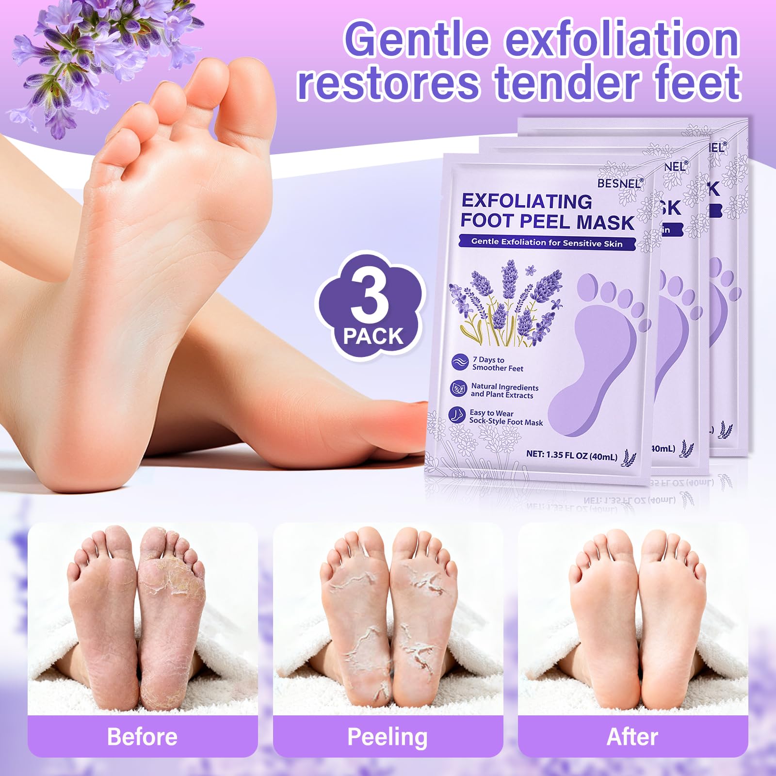 Besnel exfoliating sock booties with adhesive tabs laid out flat for home pedicure preparation