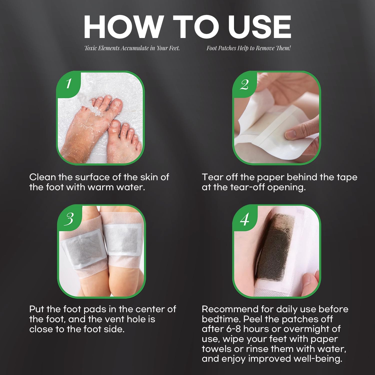 Visual demonstration of the foot pad before use and after overnight moisture absorption