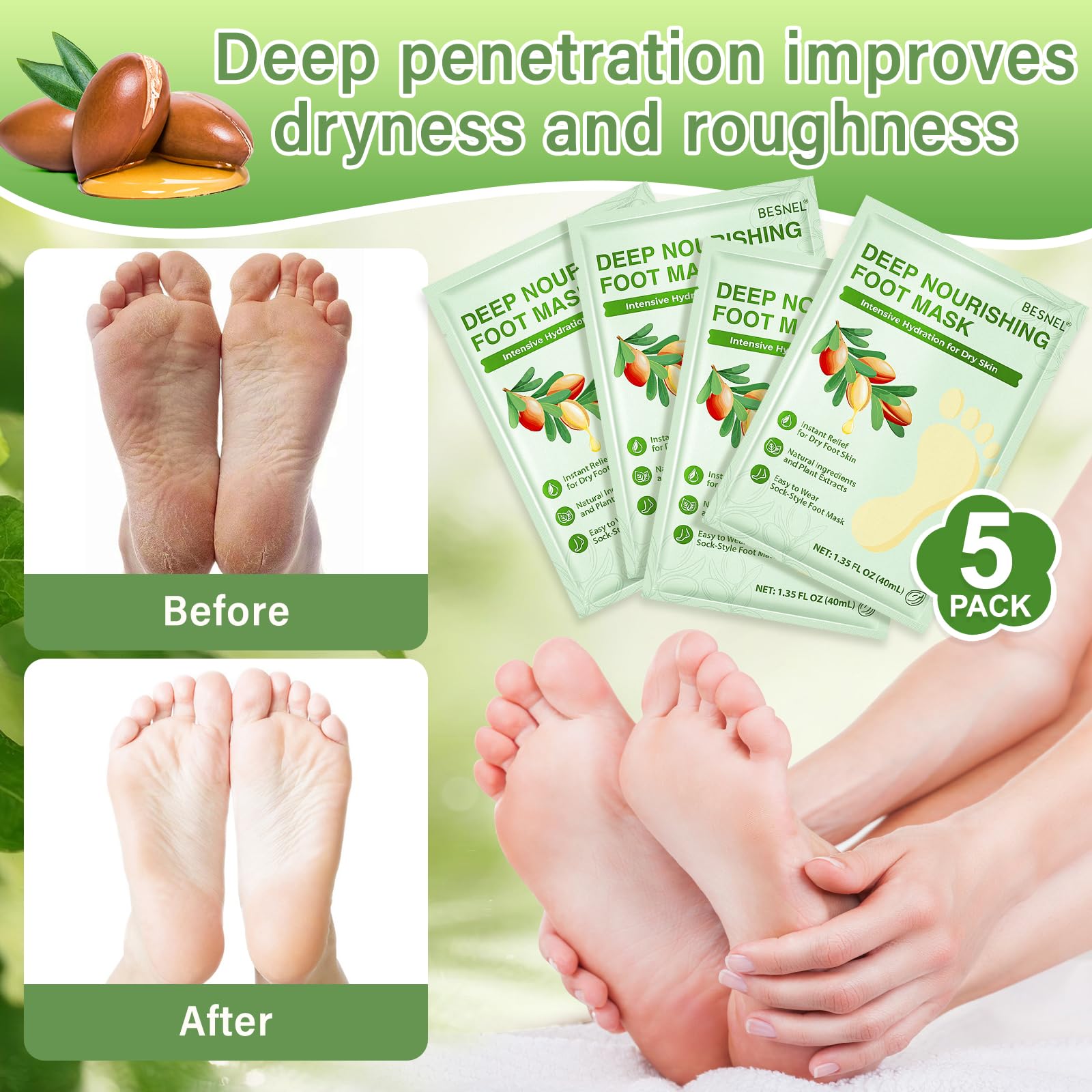 Besnel hydrating foot care treatment mask packaging detailing the lavender and shea butter ingredients