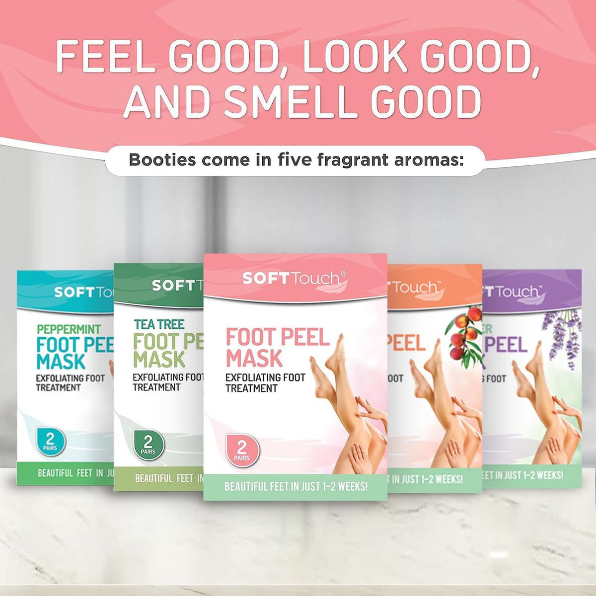 Soft Touch Dermora foot peel mask lifestyle arrangement