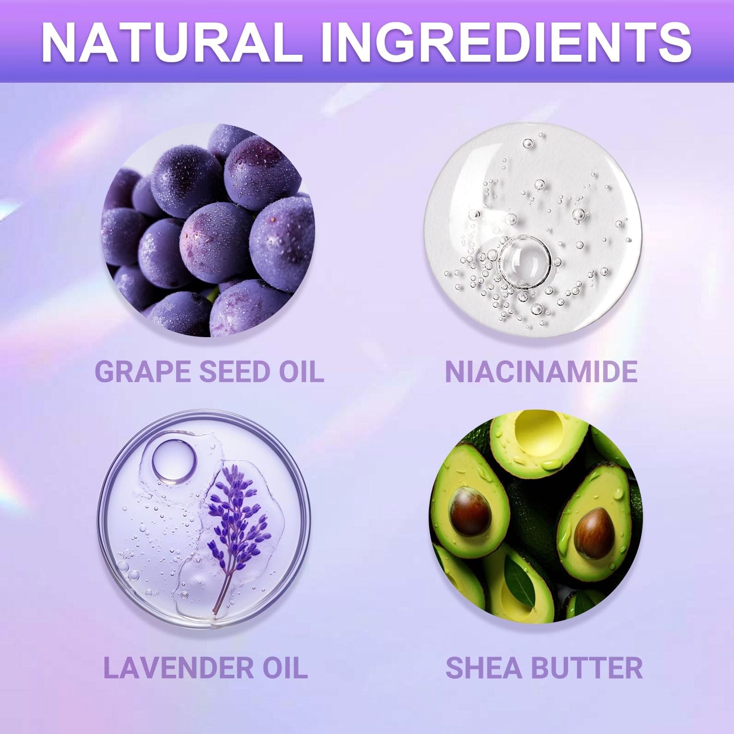 Infographic highlighting grape seed oil niacinamide and shea butter ingredients in the SULADEC formula