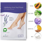 Lavender foot peel mask pairs laid out