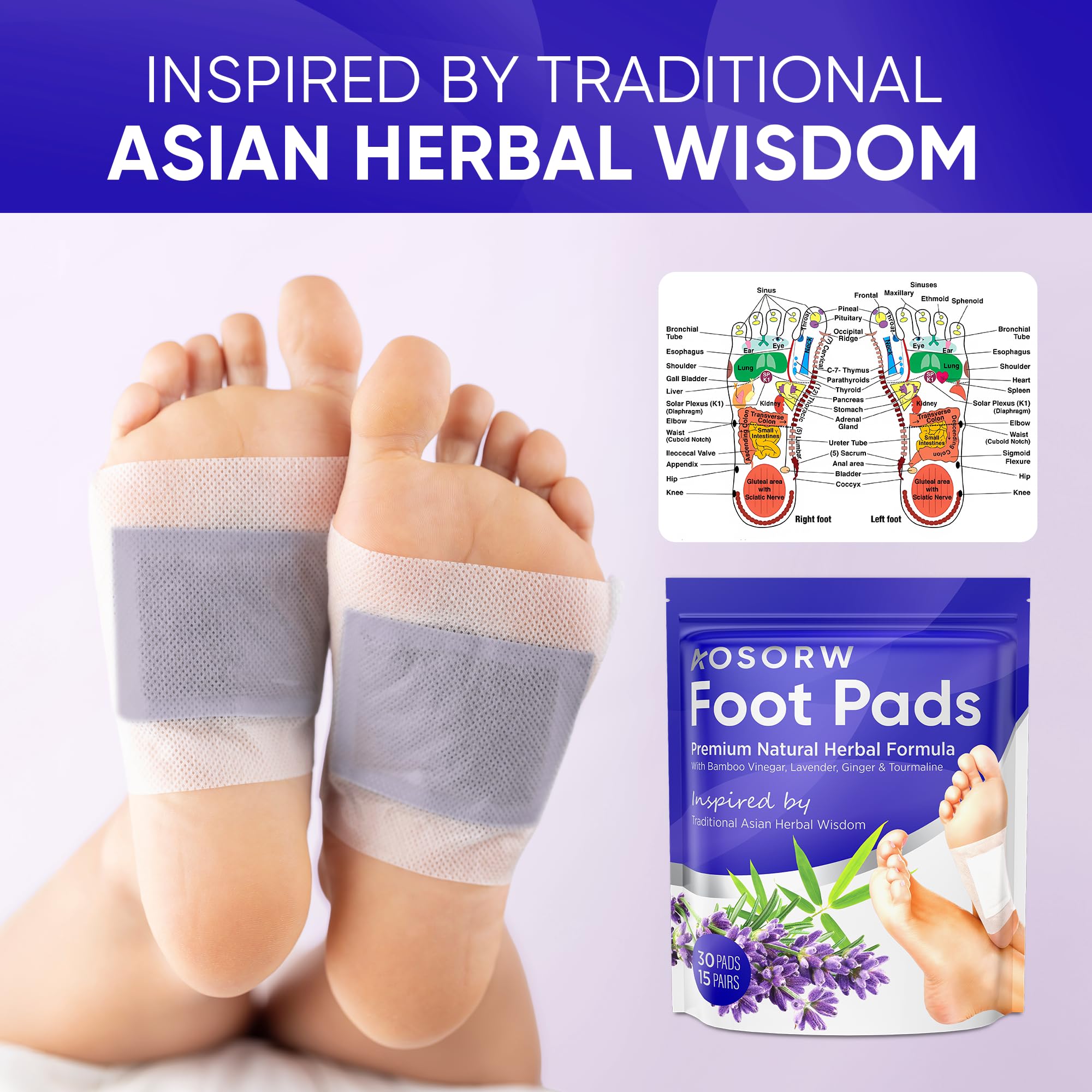 Demonstration of a lavender foot patch being applied to the sole of a clean foot.