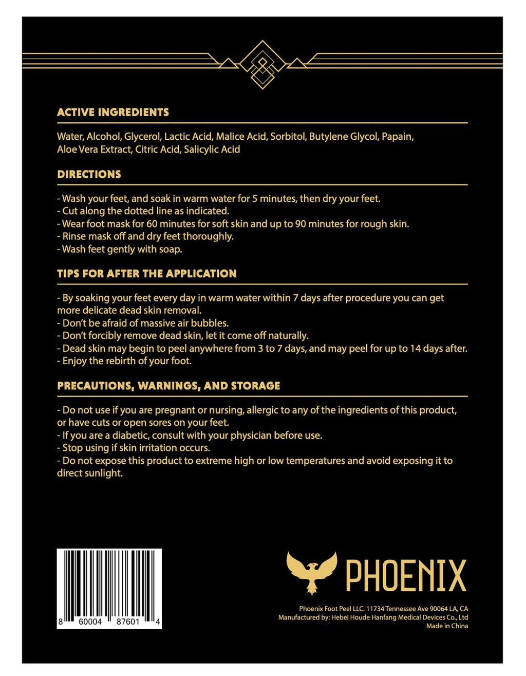 Phoenix Foot Peel box back showing ingredient list and instructions