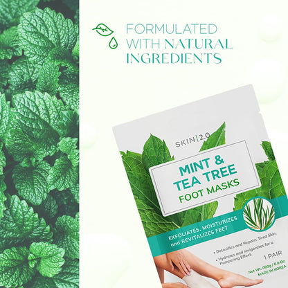 Applying Skin 2.0 tea tree exfoliating foot socks for pedicure