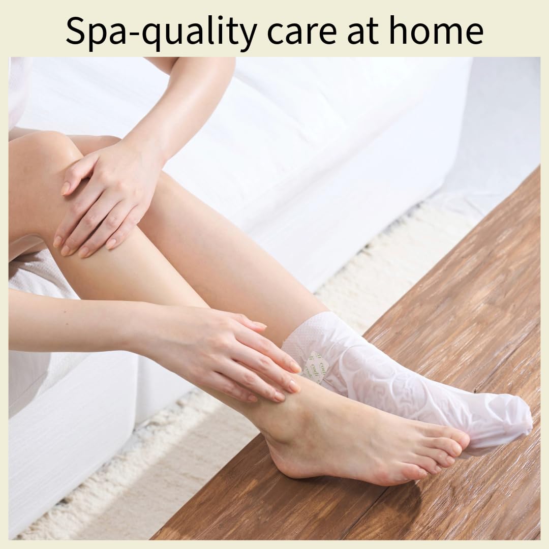 Back profile of Codi New York home spa pedicure socks showing Korean skincare ingredients and application steps.