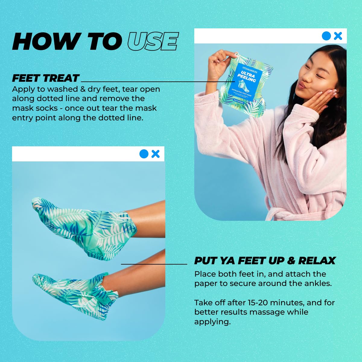 Model wearing Vitamasques Korean foot mask socks for callus removal.