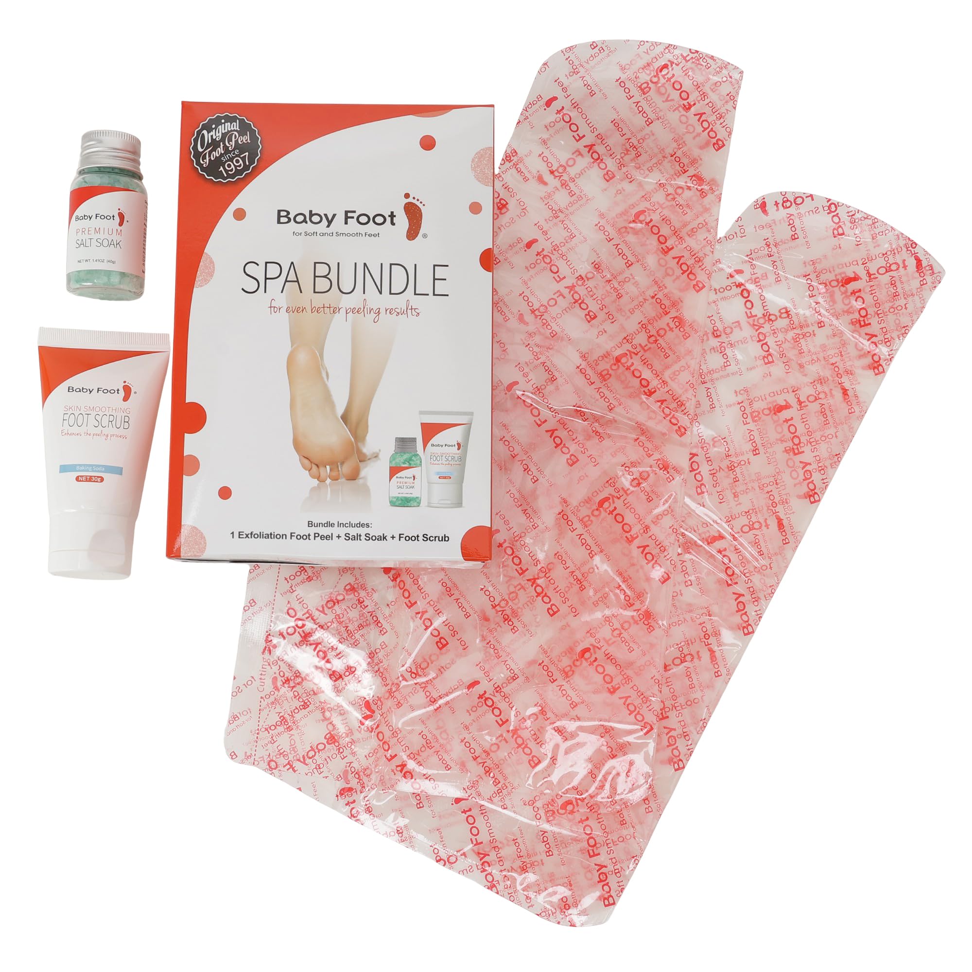 Close up of Baby Foot Smoothing Foot Scrub and Premium Salt Soak packets.