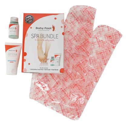 Close up of Baby Foot Smoothing Foot Scrub and Premium Salt Soak packets.