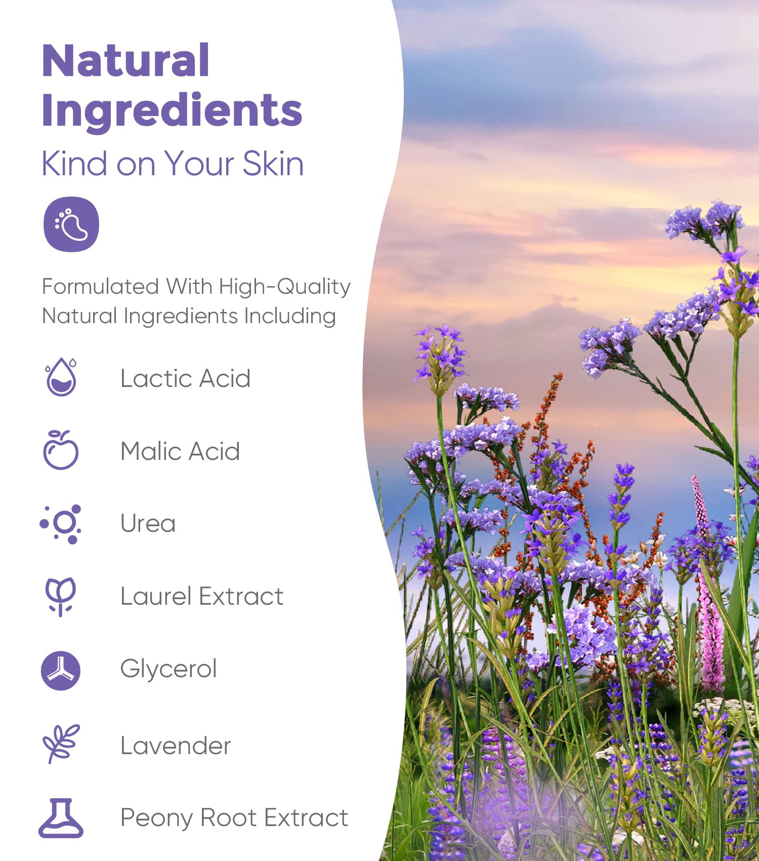 Rokelos wearable sock patches containing lavender exfoliating serum for dry dead skin removal.