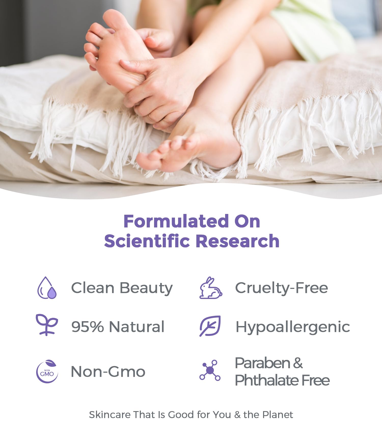Step-by-step application guide showing how to wear the lavender foot peeling patches safely.