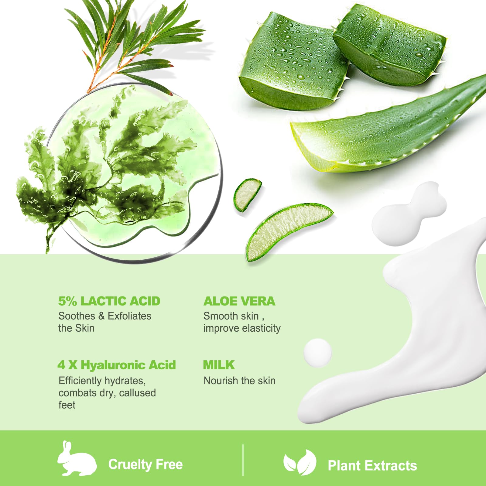 Ingredients list highlighting lactic acid and hyaluronic acid benefits.