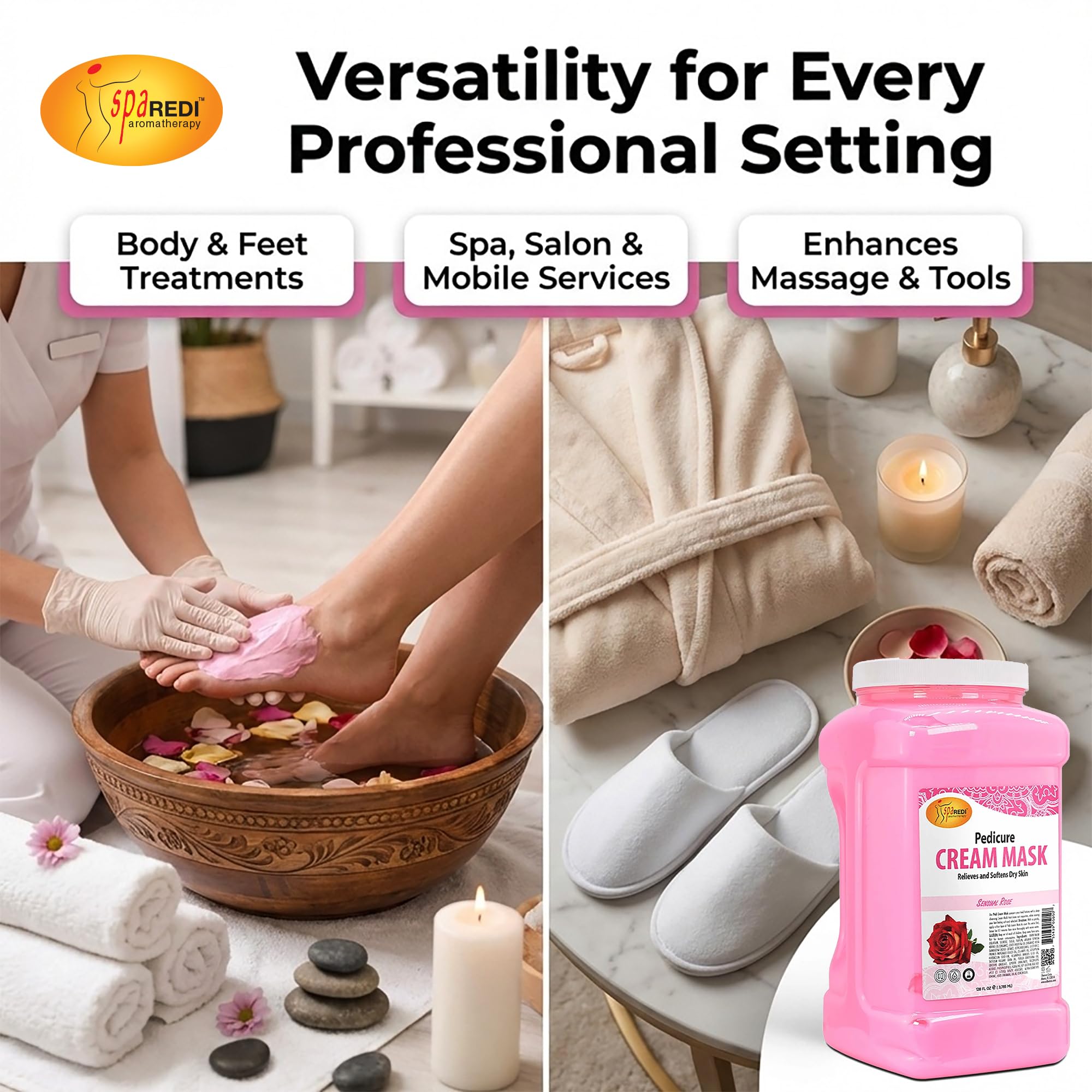 Gallon size SPA REDI rose scented foot mask for salon grade skin hydration.