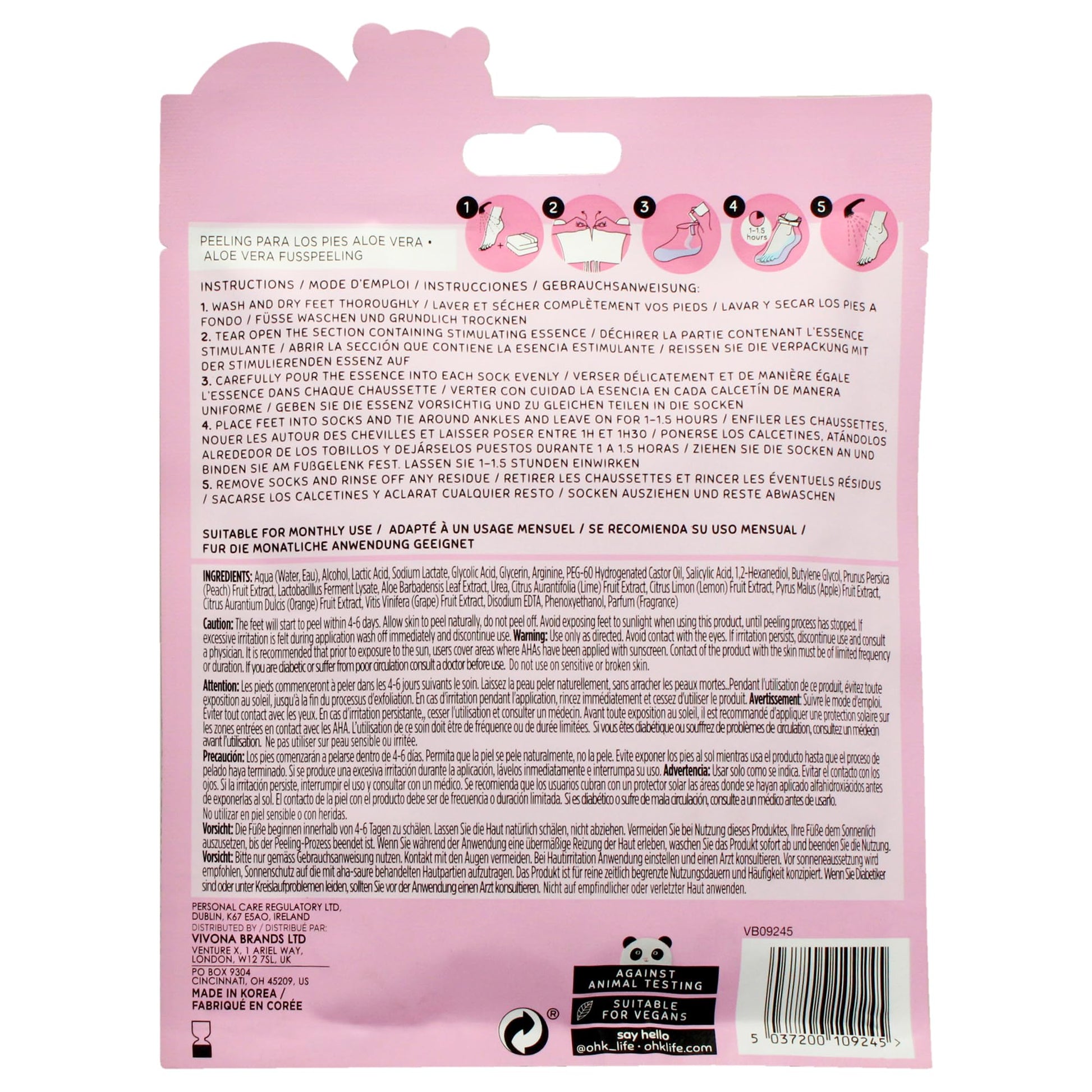 Oh K! Foot Peeling Mask showing ingredients like Peach and Aloe Vera.
