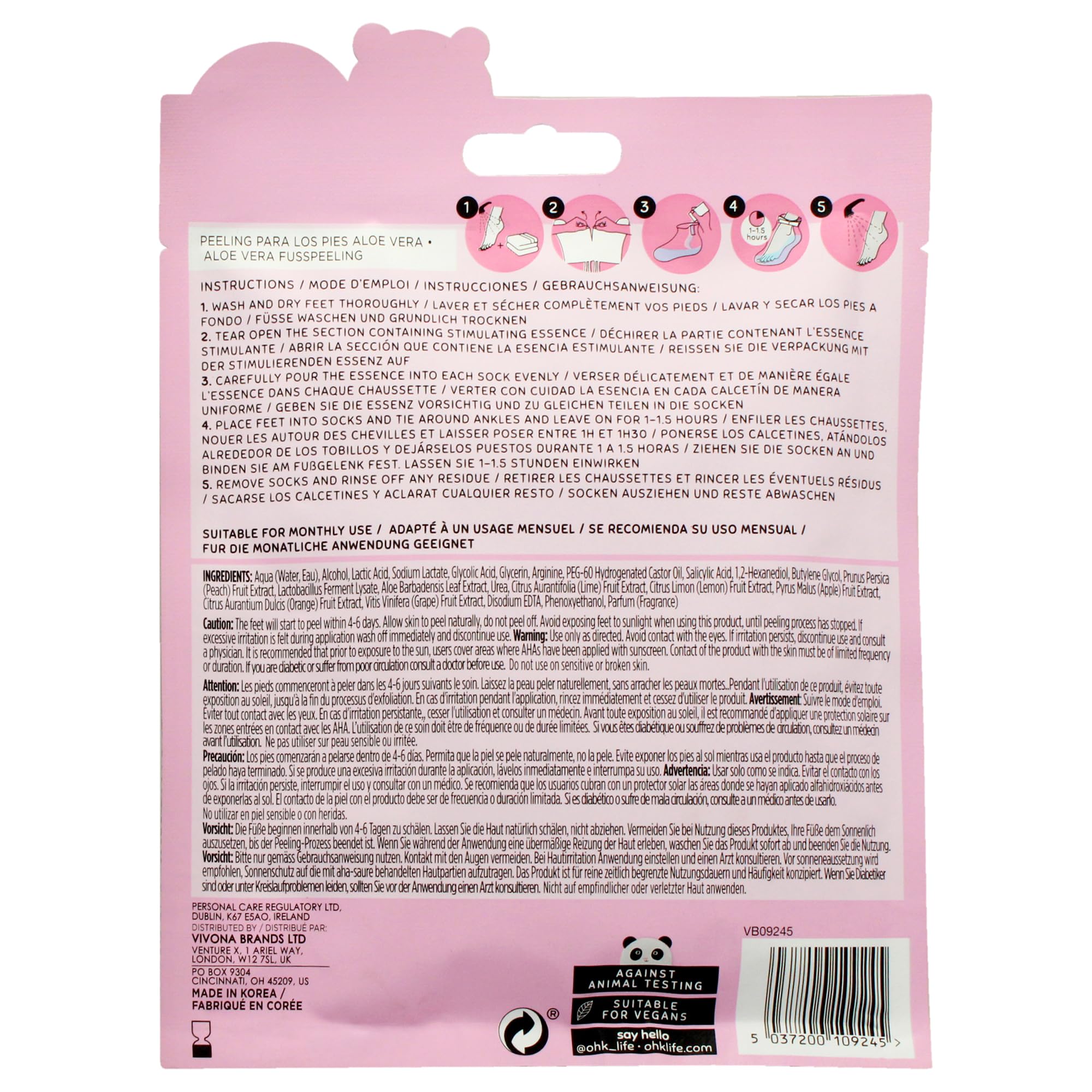 Oh K! Foot Peeling Mask showing ingredients like Peach and Aloe Vera.