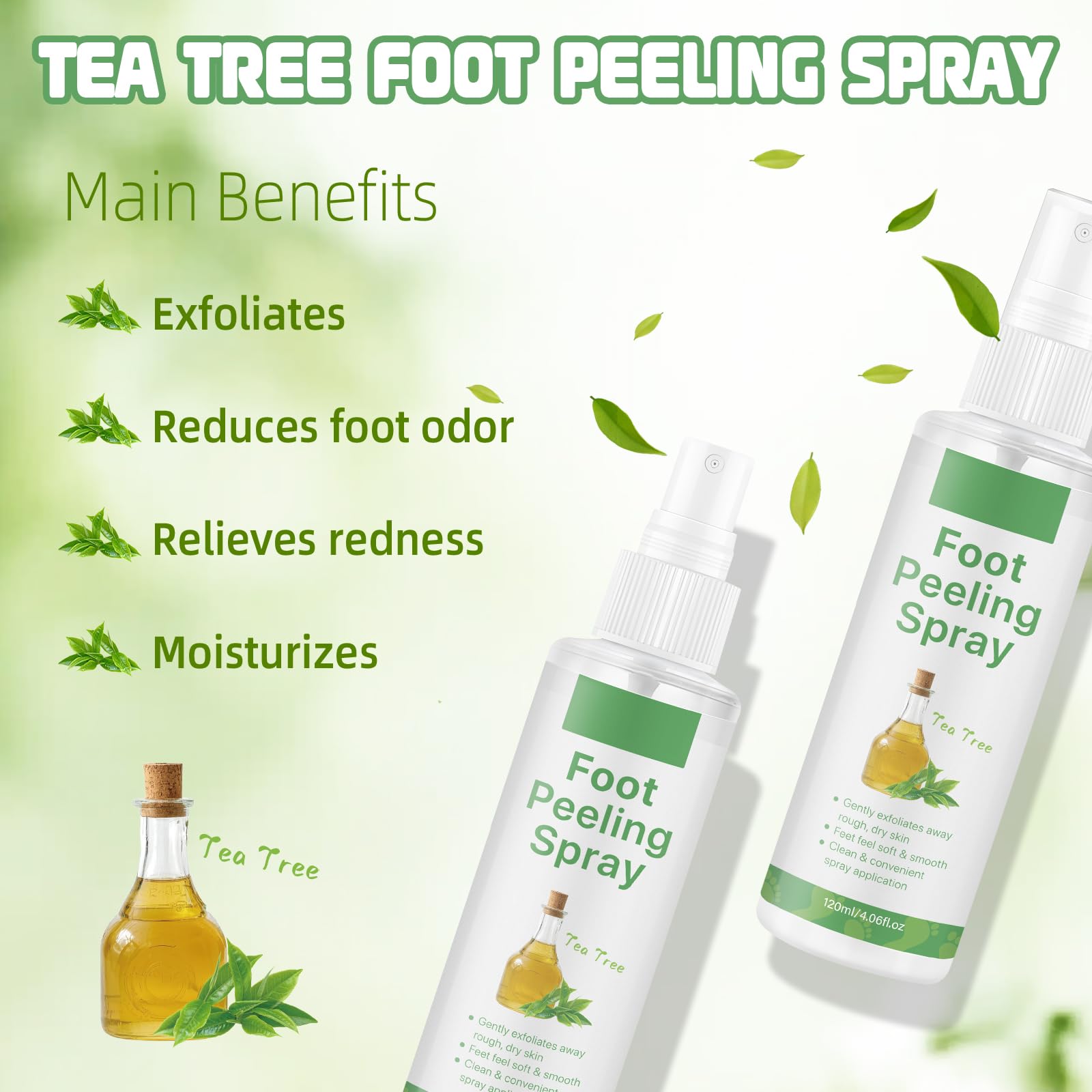 Vegan botanical foot exfoliator spray being sprayed onto dry cracked heels.