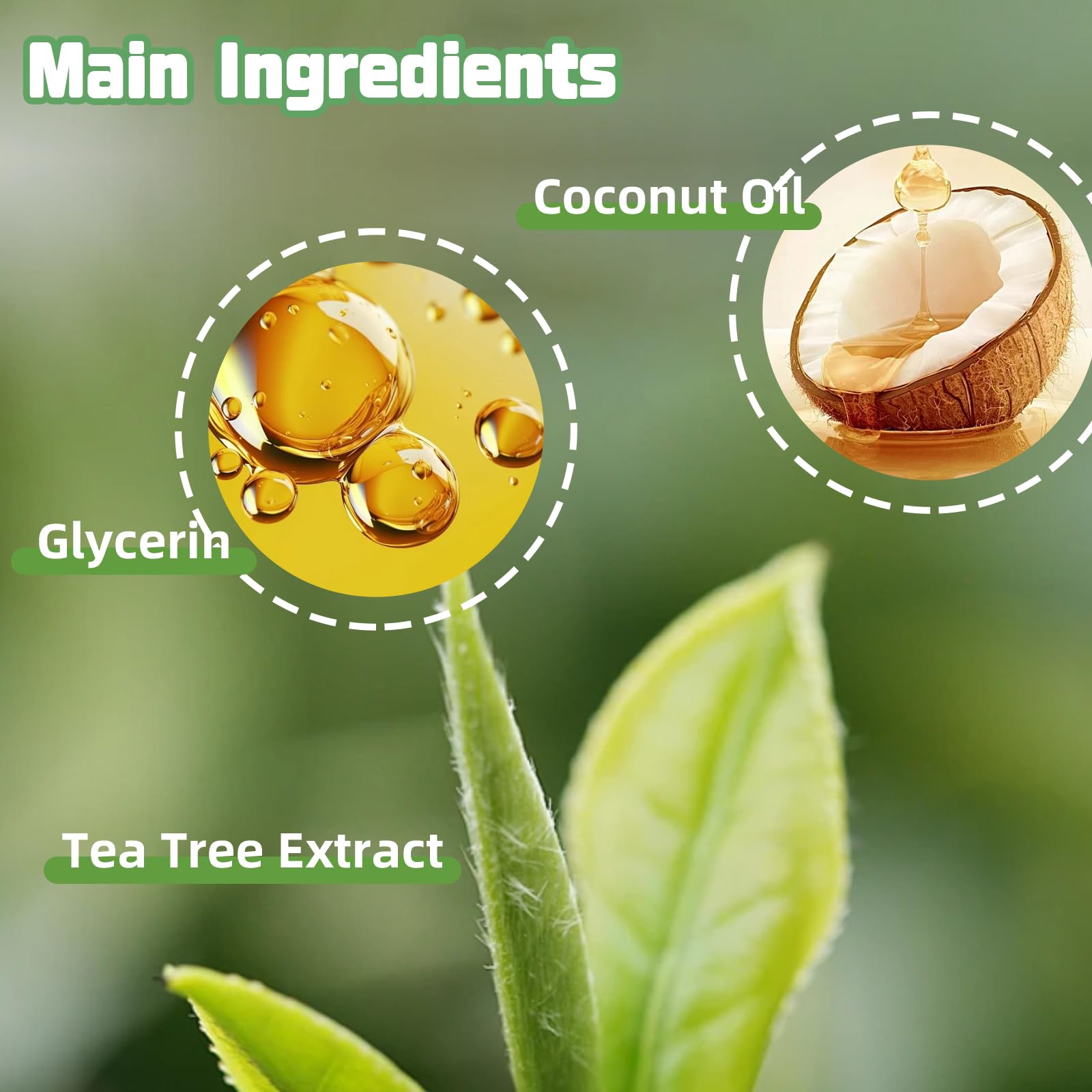 Close up of the ingredient label showing tea tree extract and coconut oil benefits.