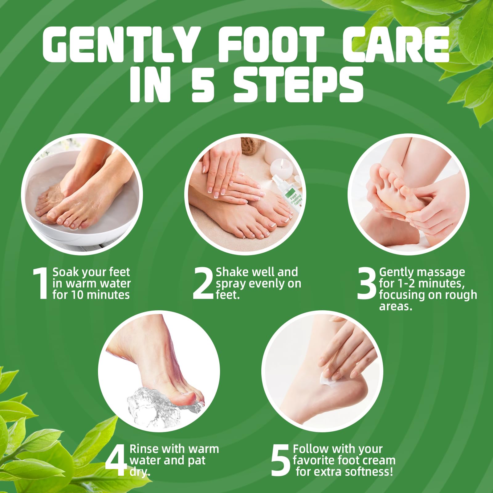 Instant pedicure spray peeling away dead skin during a home foot care routine.
