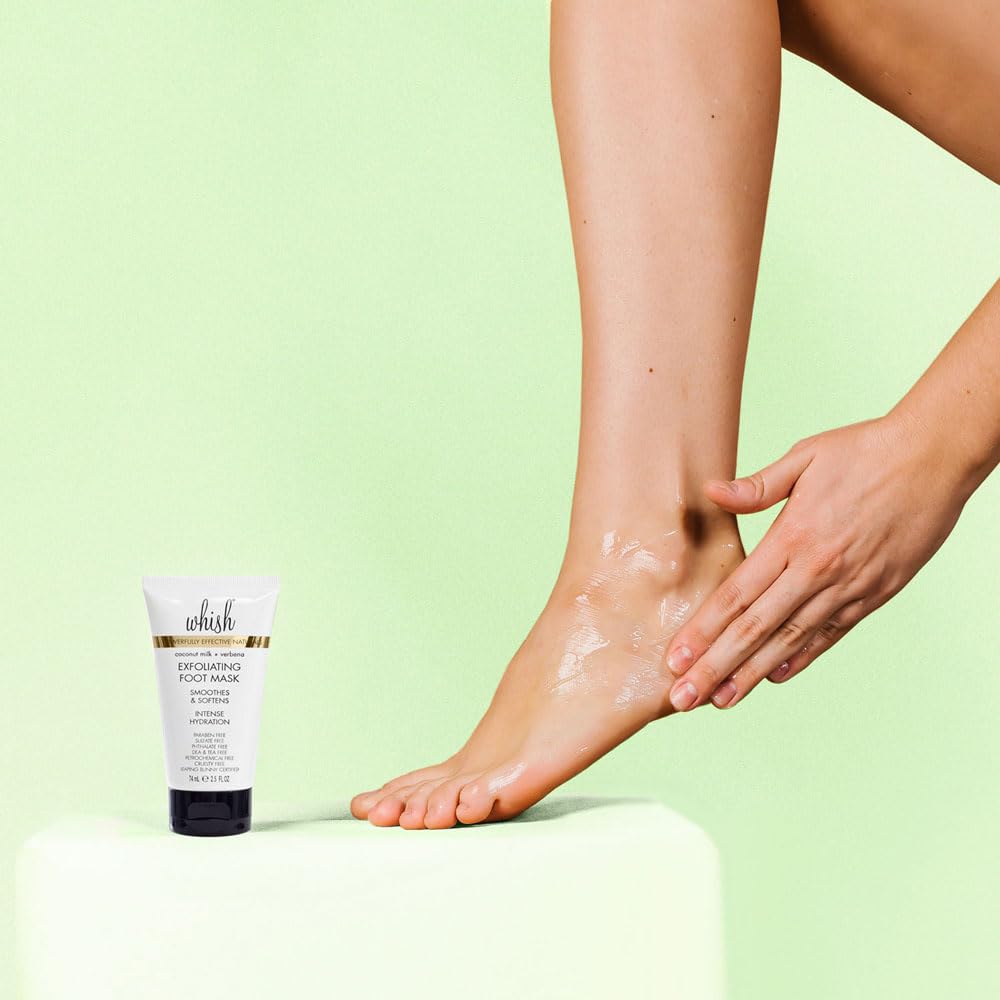Whish Coconut Milk And Verbena Exfoliating Foot Mask applied on foot