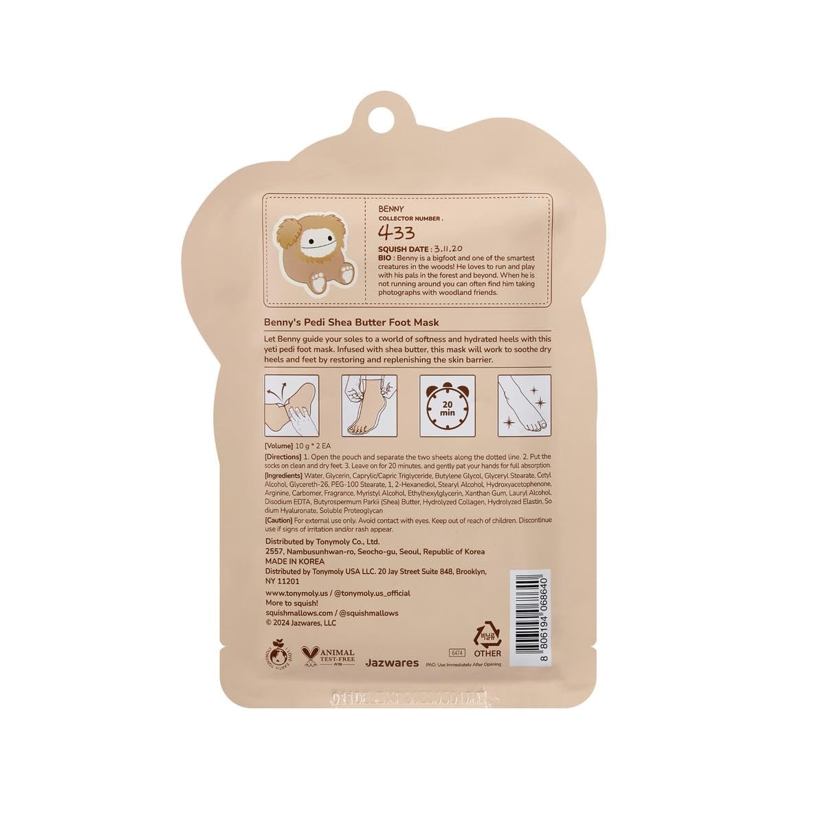 TONYMOLY x Squishmallows Benny Pedi Foot Mask socks being opened for a home pedicure treatment.