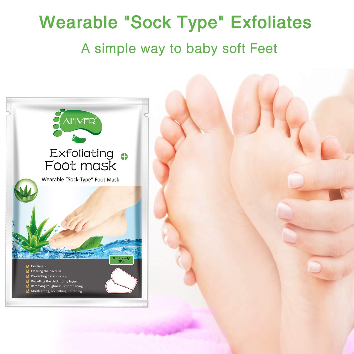 Before and after results of ALIVER exfoliating foot mask showing peeling skin