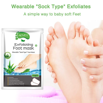 Before and after results of ALIVER exfoliating foot mask showing peeling skin