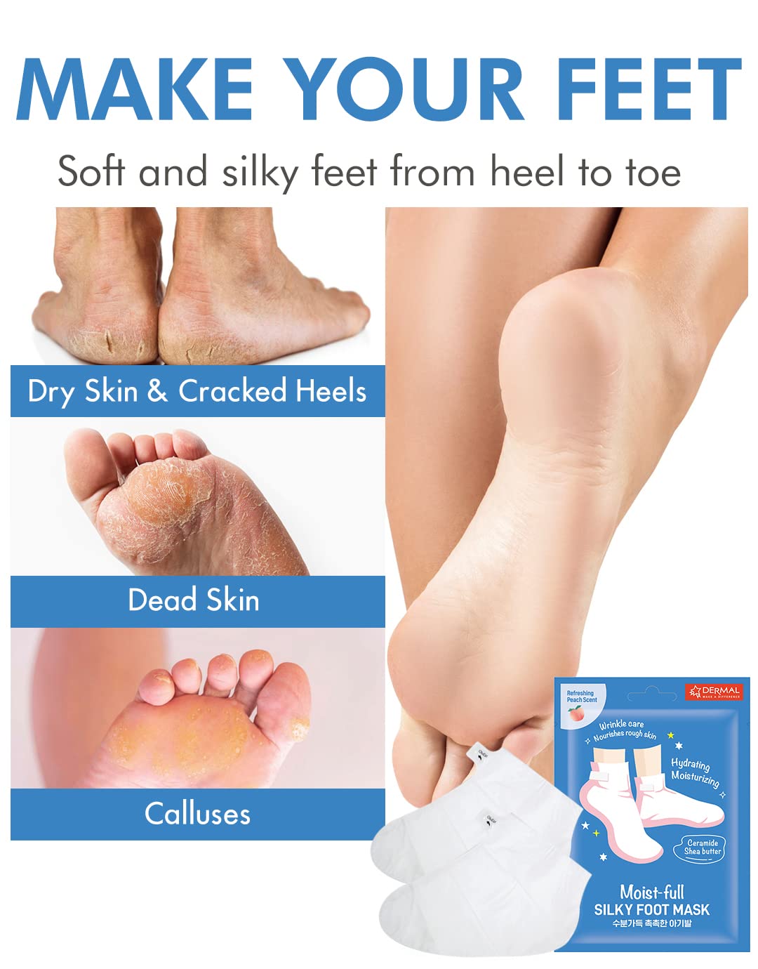 Close-up of DERMAL hand gloves and foot socks packaging showing ingredients