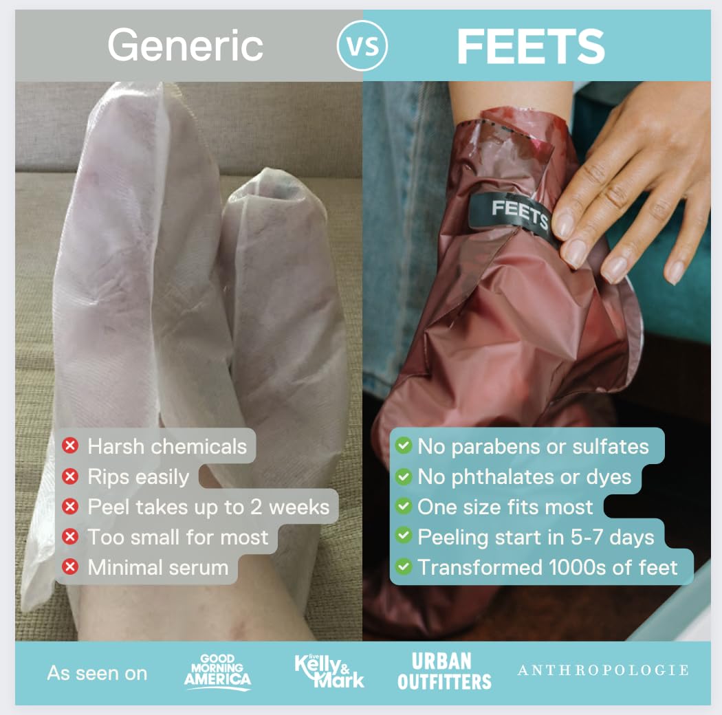 Exfoliating foot mask booties being worn for a home pedicure treatment.