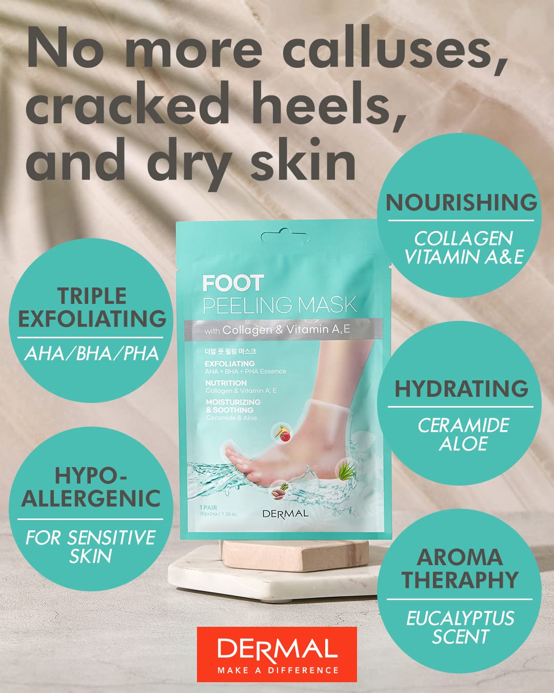 Exfoliating foot mask socks with AHA BHA PHA ingredients for dead skin removal.