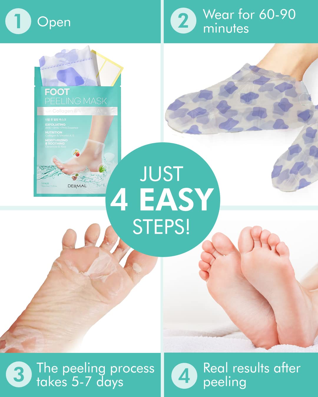 Korean foot peel mask with aloe vera and collagen for moisturizing dry feet.