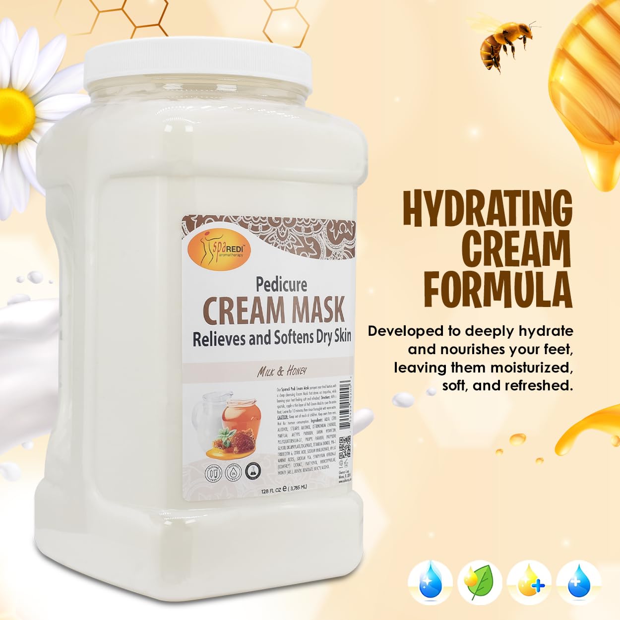 Side view of SPA REDI 128 Ounce gallon showing ingredient list and brand label.