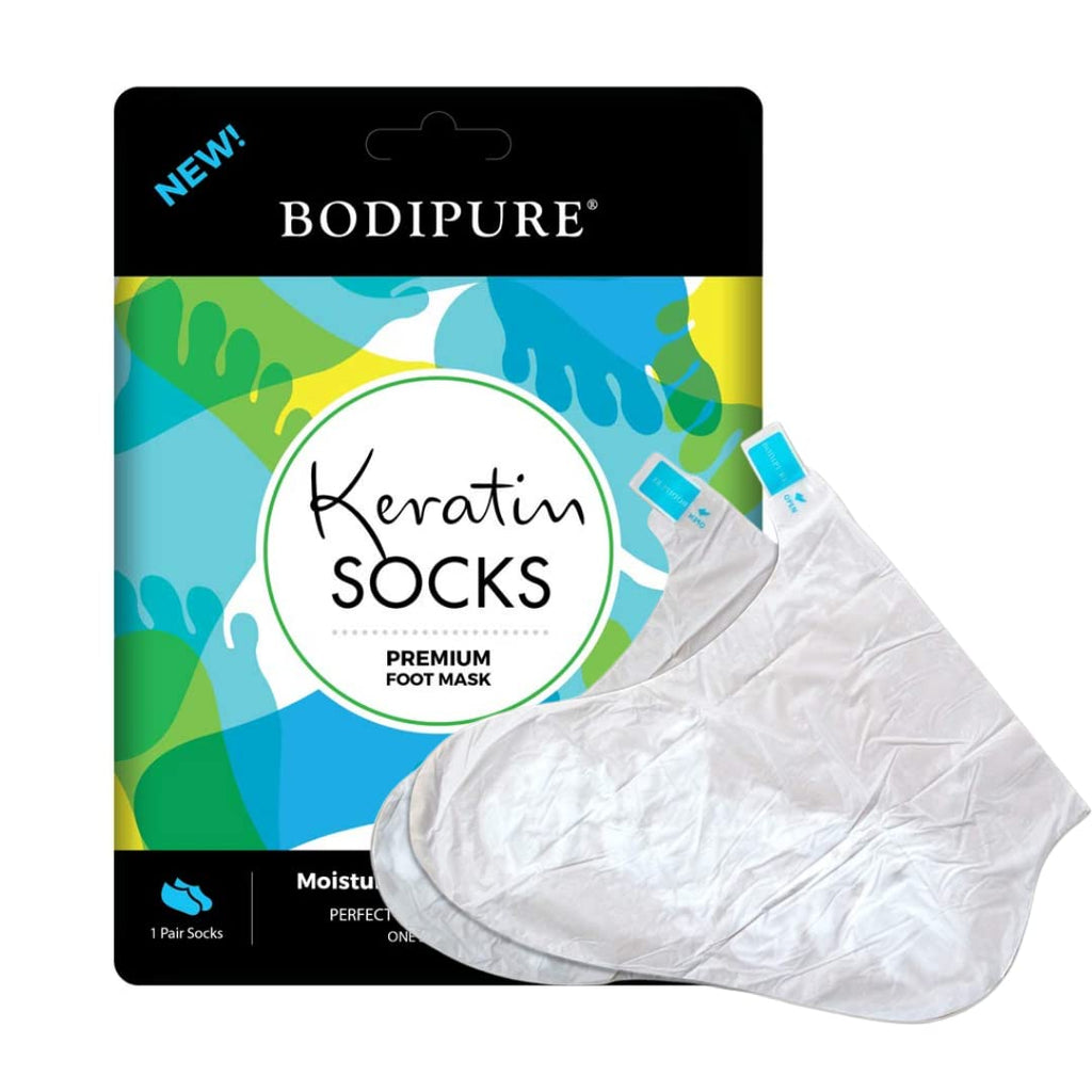 Bodipure keratin foot mask socks being worn on feet for treatment